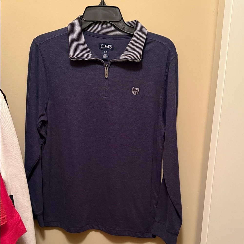 Chaps Dark Blue Long Sleeve Polo with Striped Collar